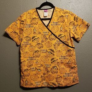 Disney Small Scrub Top Cheshire Cat Alice in Wonderland Halloween Orange Fall